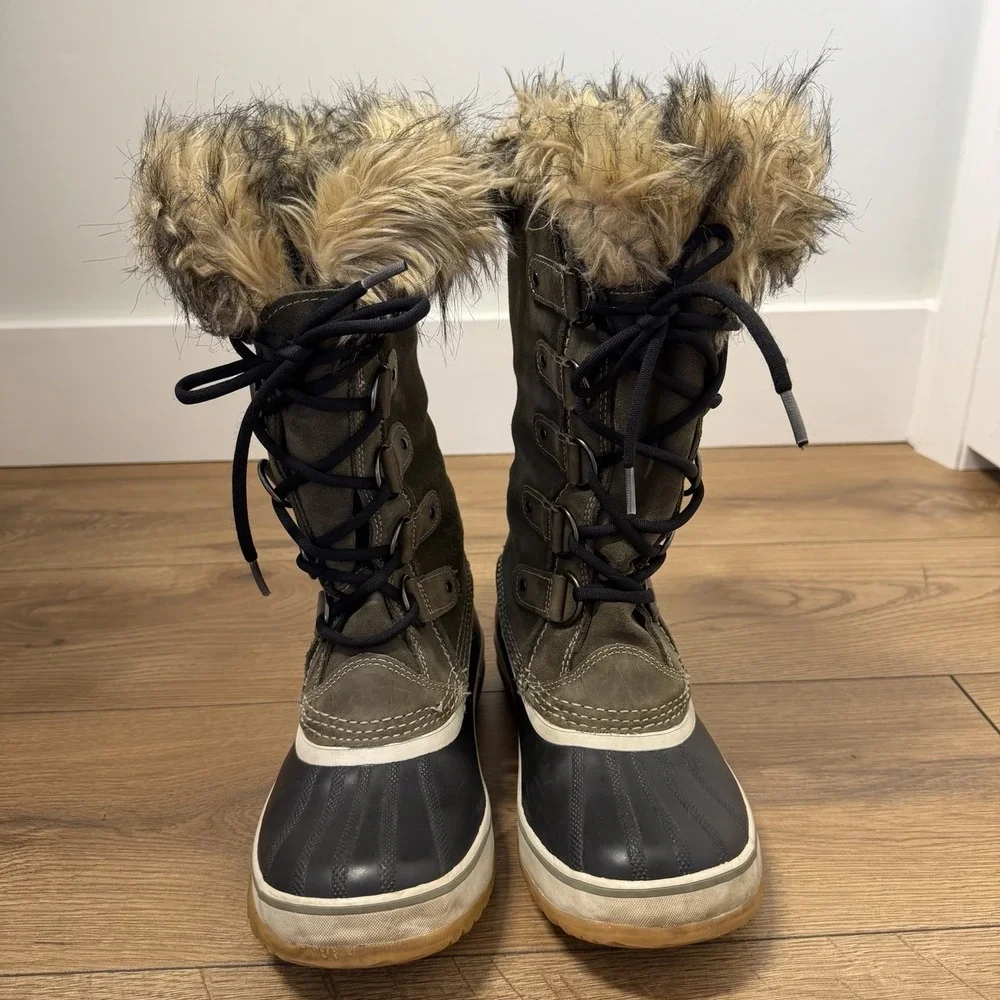 Sorel Waterproof Winter Boots Womens 7 Olive Leather Faux Fur‎ Tall Snow Boots